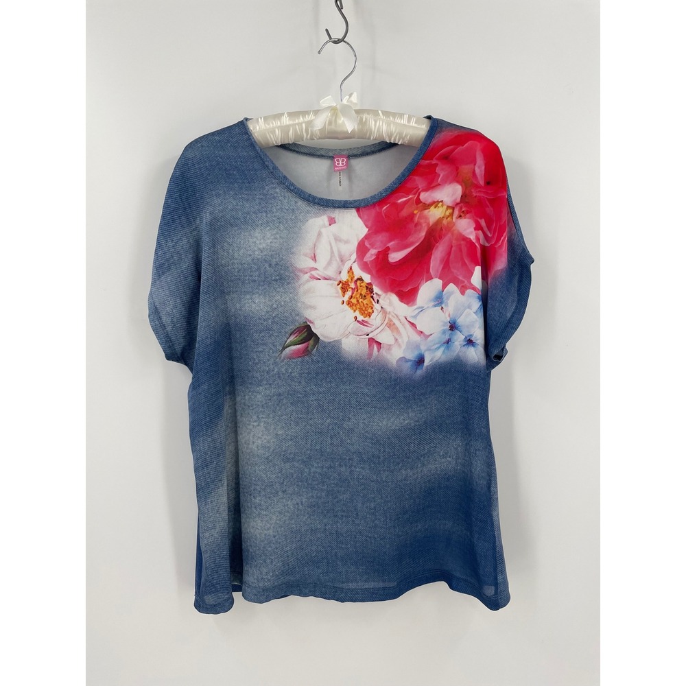 Basler Womens Large Floral Faux Denim Print Top Blue Pink Relaxed Short Sleeve